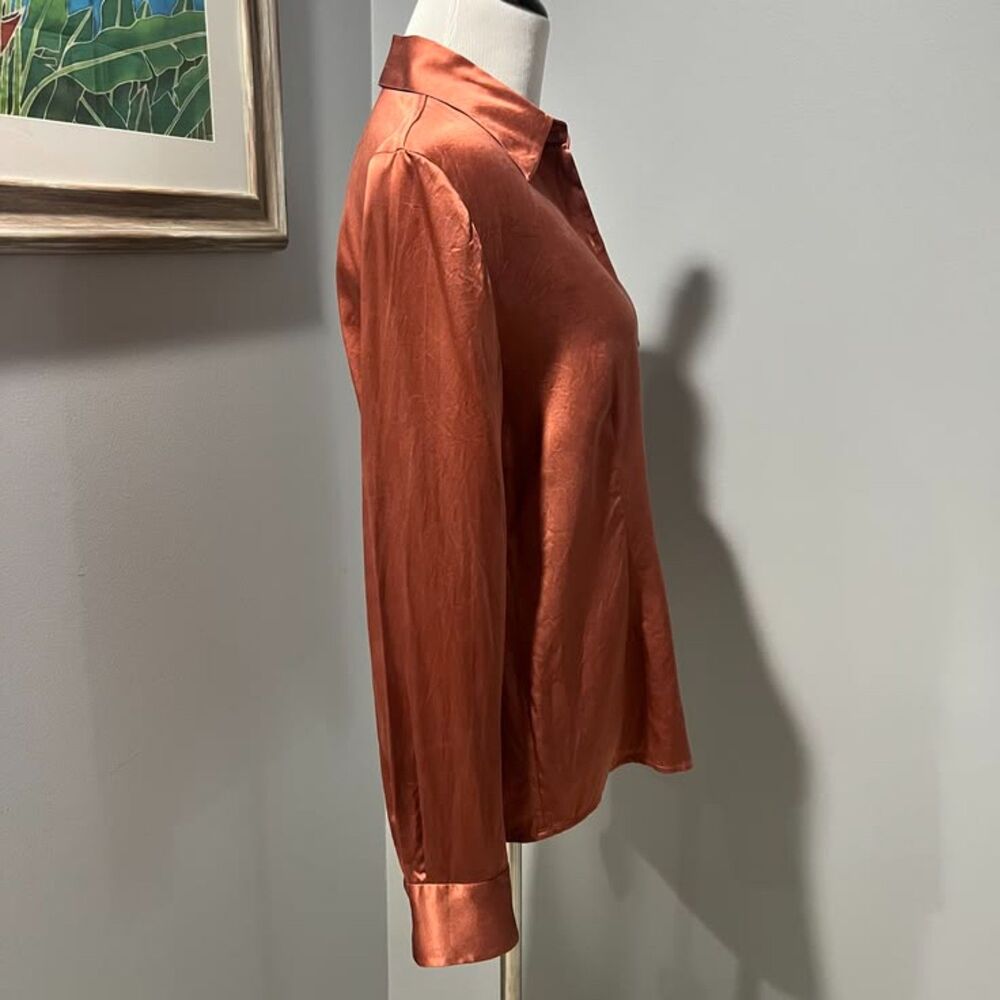 Caslon Rust Copper Pointed Collar Silk Long Sleeve Button-Down Blouse Top Medium - Picture 3 of 12